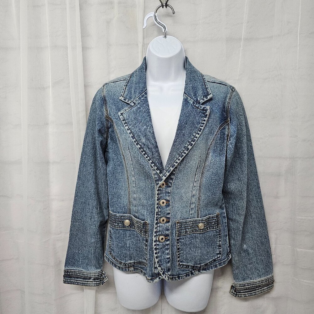 OTB Blue Denim Blazer Jacket Y2K Boho Western Prairie Coastal L - Picture 2 of 12